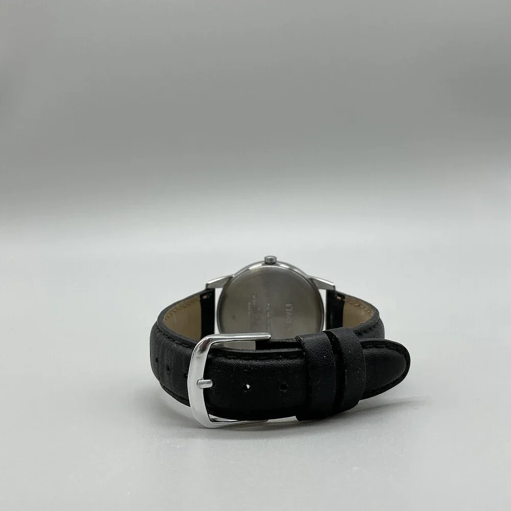 Timex Indiglo Mens Watch 35mm White Dial Black Leather Date New Battery